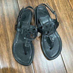 Tory Burch Black Leather Miller Logo Thong Sandals